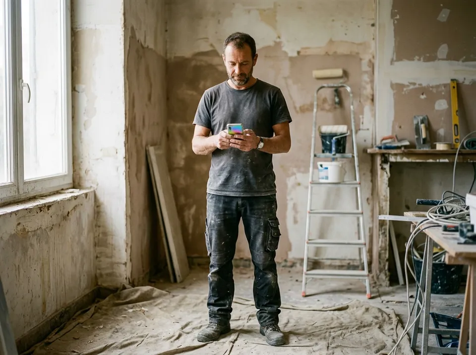 Un artisan sur son chantier relit le devis préparé par l’IA sur son smartphone avant de le valider