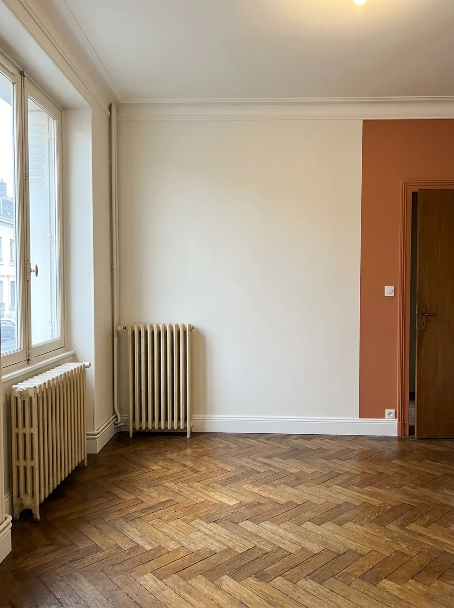Le même séjour repeint en blanc cassé avec un mur d'accent terracotta autour de la porte.