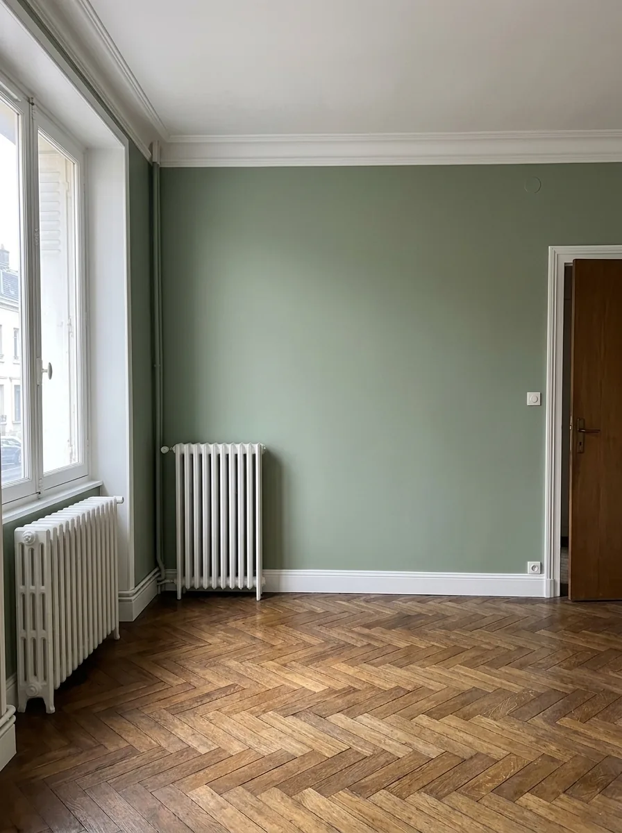 Le même séjour repeint en vert sauge mat, plafond et plinthes blancs.