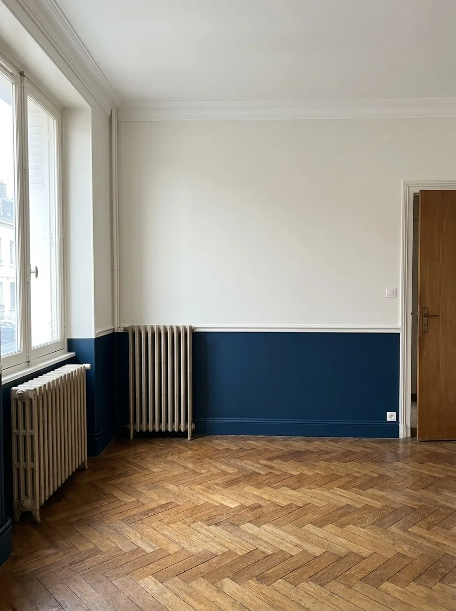 Le même séjour avec un soubassement bleu nuit sous cimaise, haut des murs blanc cassé.