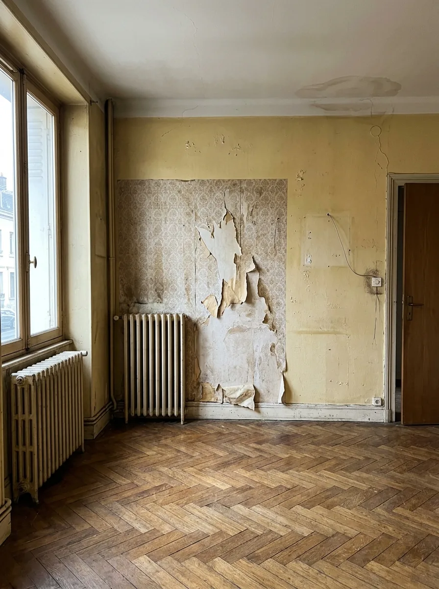 Séjour avant travaux : peinture jaunie et écaillée, papier peint décollé, auréole d'humidité au plafond, parquet conservé.