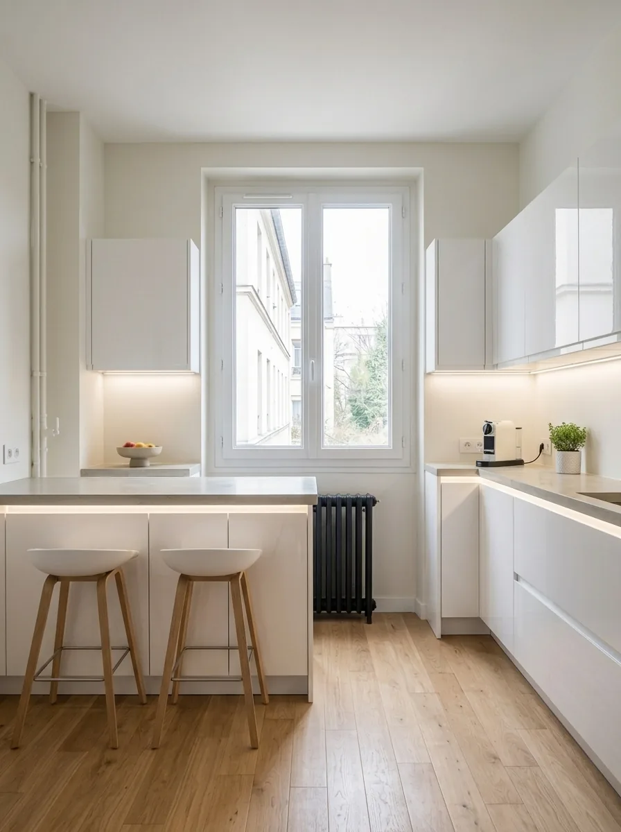 Cuisine rénovée moderne et épurée avec îlot, tons blancs et parquet en chêne.