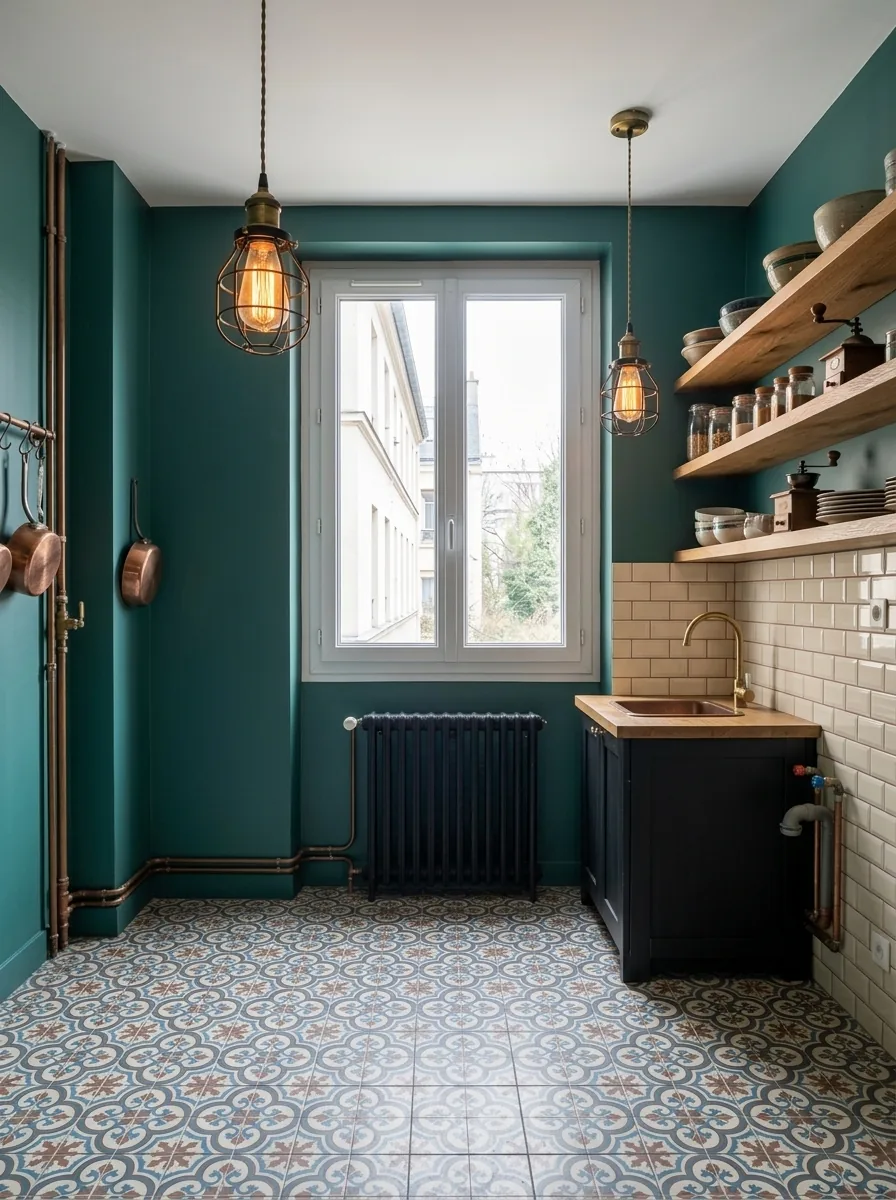 Cuisine rénovée style bistrot avec carreaux de ciment, murs verts et étagères en bois.