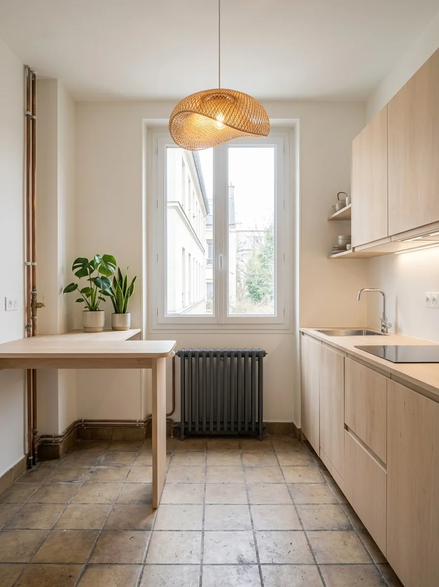 Cuisine rénovée scandinave et chaleureuse, bois clair, mobilier épuré et plantes.