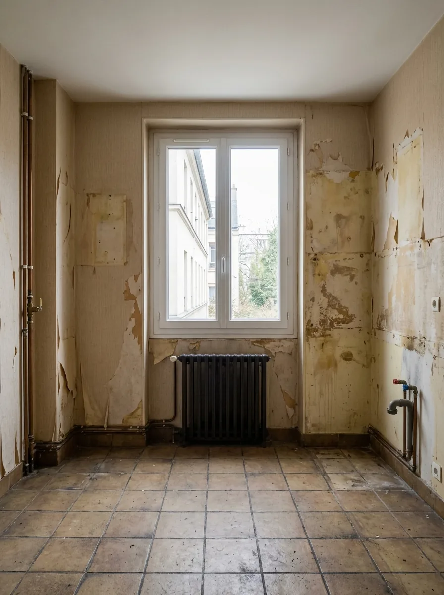 Photo avant travaux d'une cuisine vide avec papier peint arraché et vieux carrelage, lumière naturelle.