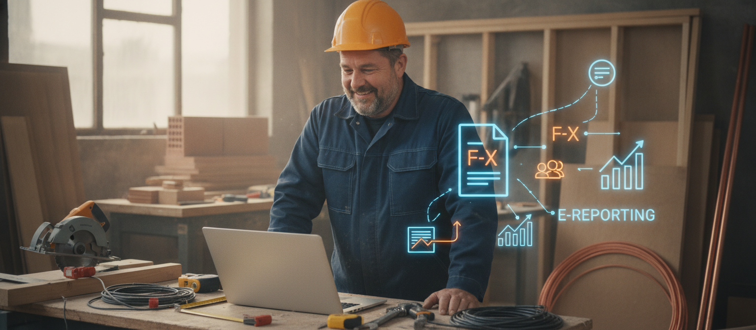 Artisan du bâtiment et transition numérique - Un artisan souriant devant un écran avec des symboles d'e-facturation et e-reporting - BatiBrain