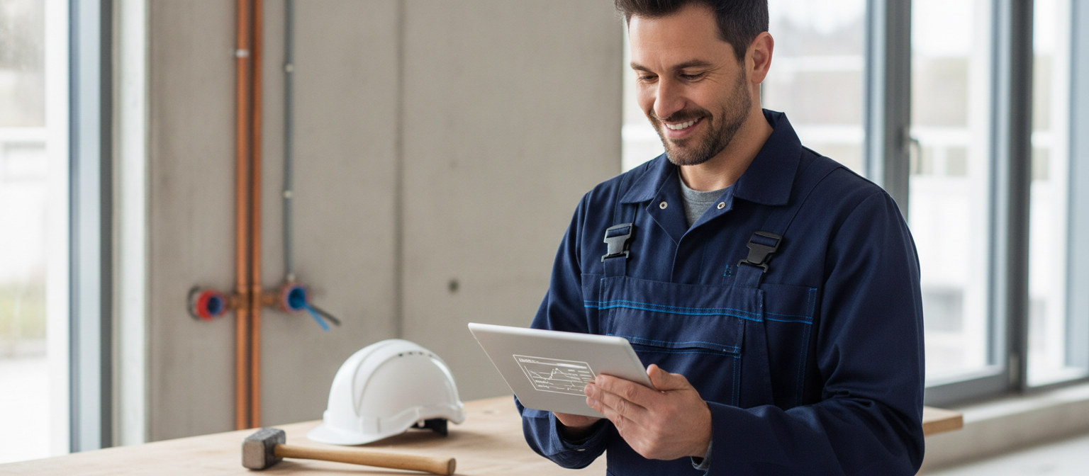 E-facturation pour artisans - Artisan souriant regardant une facture numérique sur tablette, outils de chantier en arrière-plan - BatiBrain.