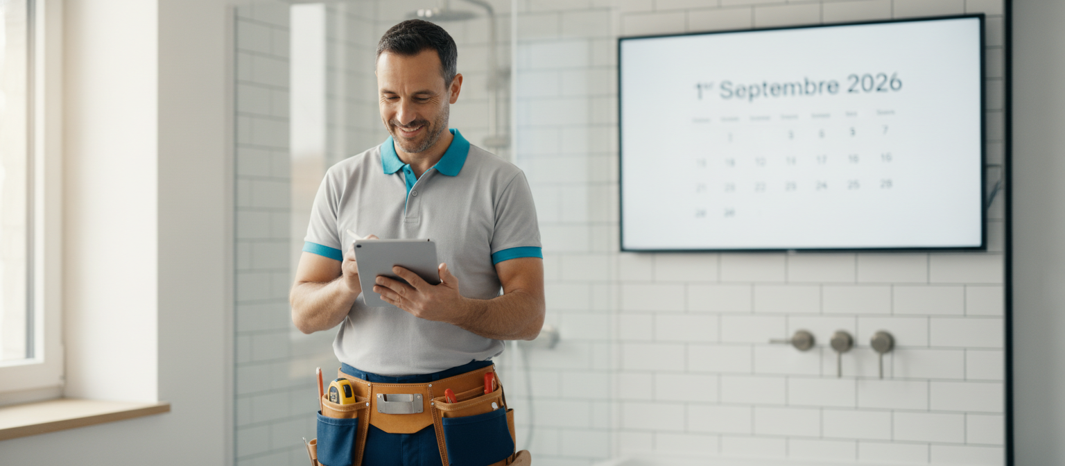 Artisan facturation électronique - Un artisan souriant sur chantier gère ses factures sur tablette avec la date du 1er septembre 2026 - BatiBrain