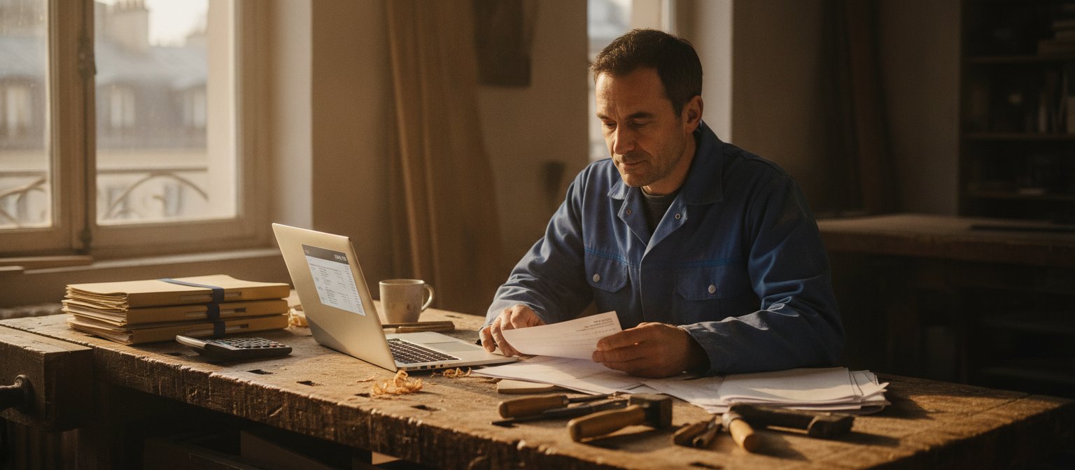 Artisan du bâtiment mettant ses factures en conformité sur son ordinateur