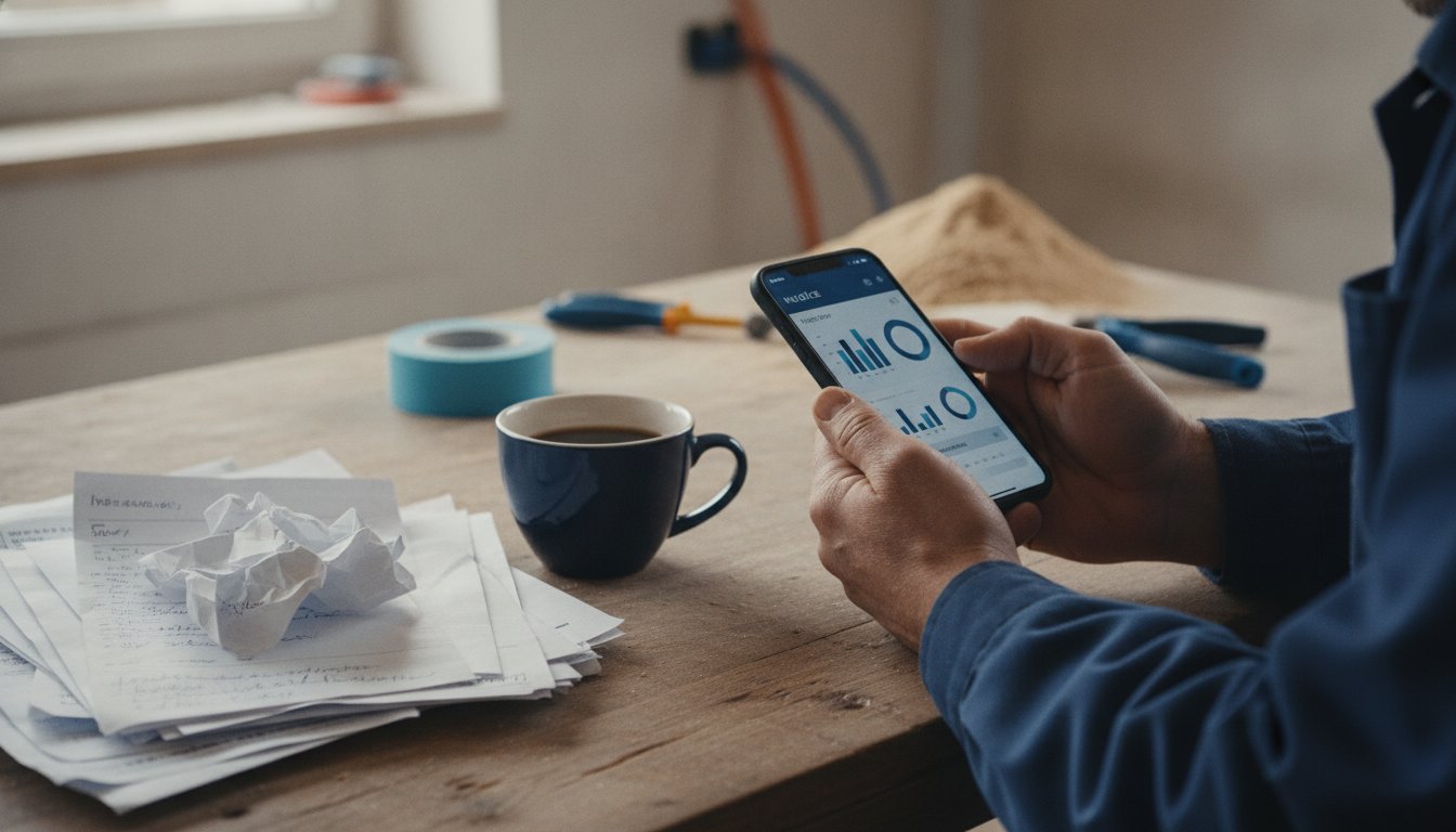 Une facture électronique consultée sur smartphone, à côté des factures papier