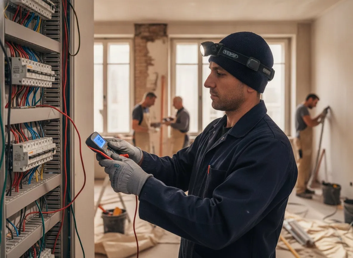 Électricien au tableau électrique sur chantier de rénovation