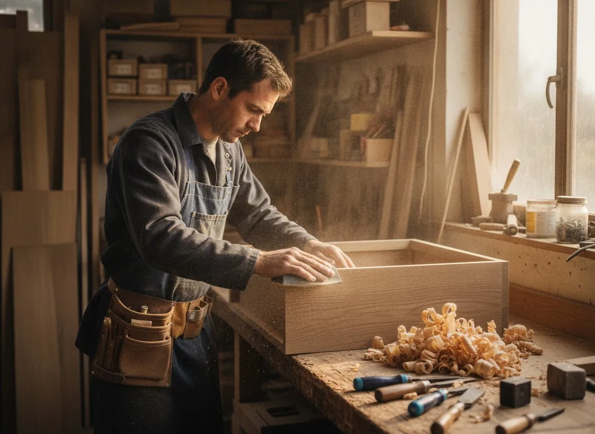 Menuisier façonnant un meuble sur mesure en atelier