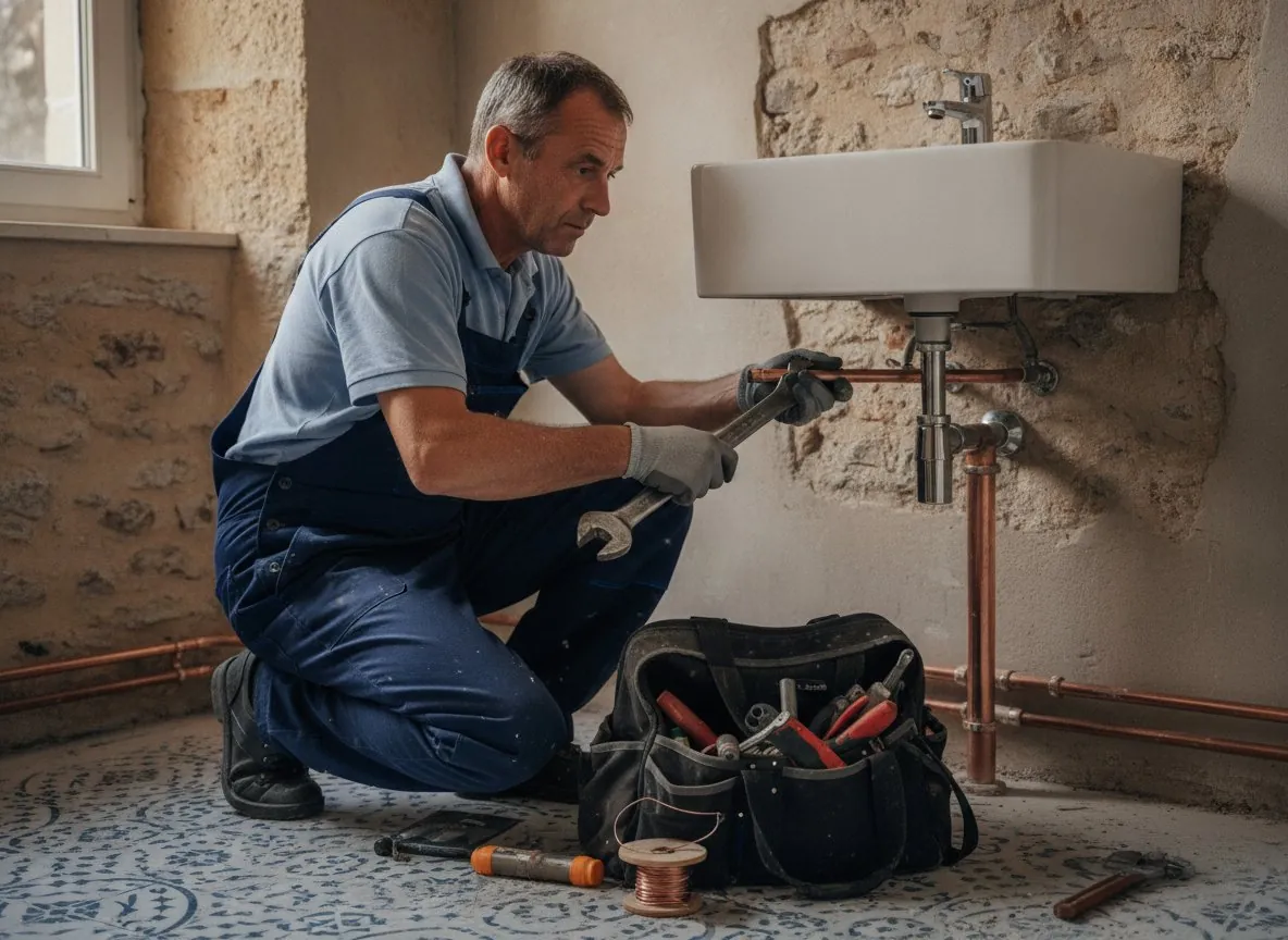 Plombier installant la tuyauterie d’une salle de bain
