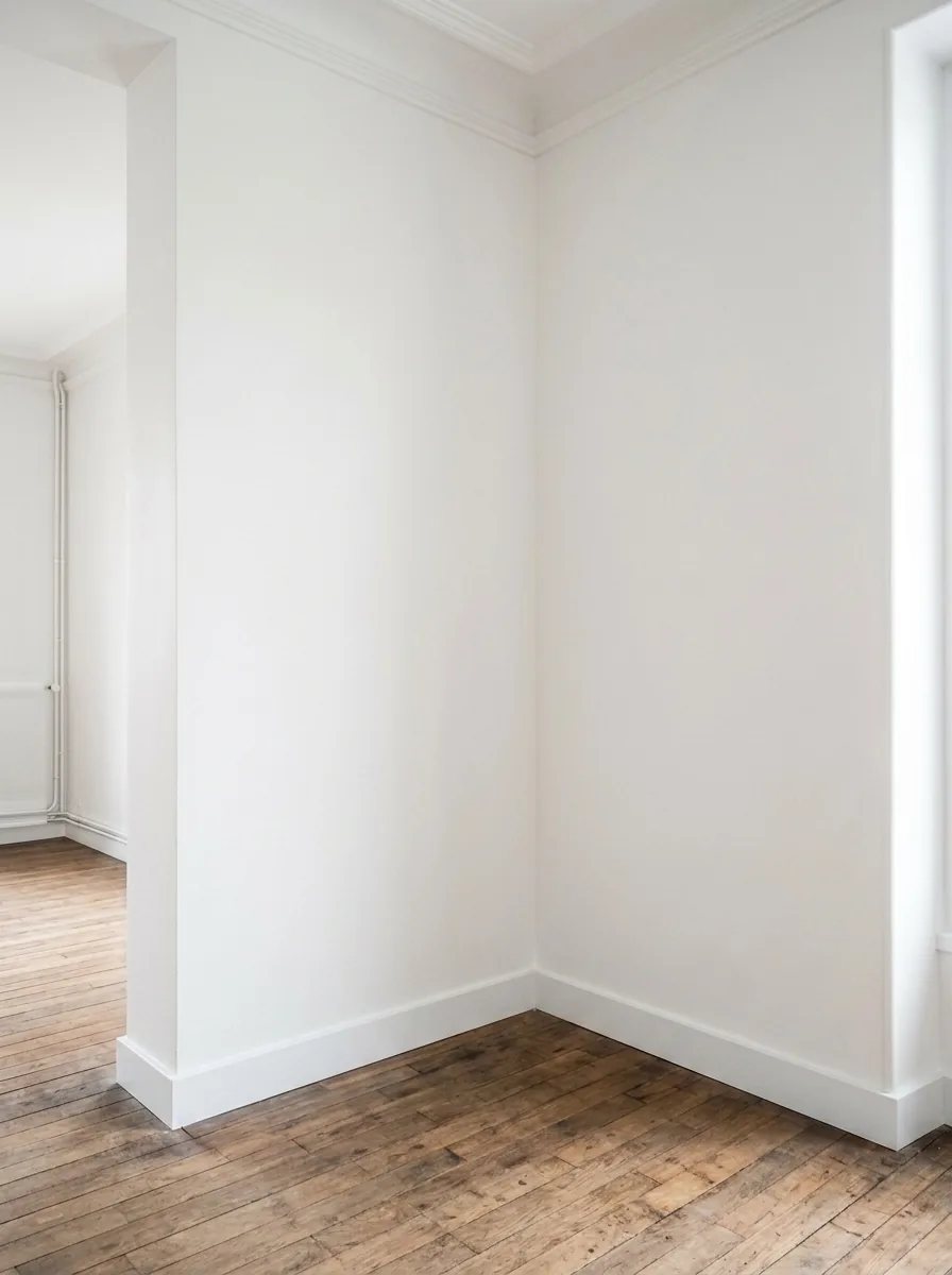 Rendu après travaux : pièce avec murs blancs lisses, plinthes discrètes et ambiance contemporaine épurée.