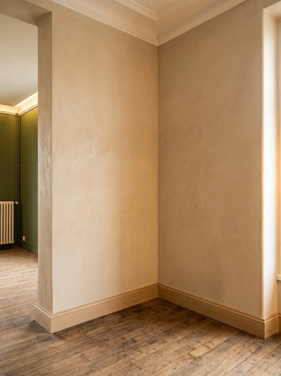 Rendu après travaux : pièce rénovée avec murs en enduit chaux couleur sable, un mur vert olive et une ambiance bohème chaleureuse.