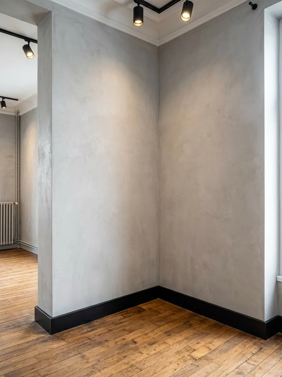 Rendu après travaux : pièce avec murs en béton ciré gris, plinthes métalliques noires et ambiance industrielle chic.