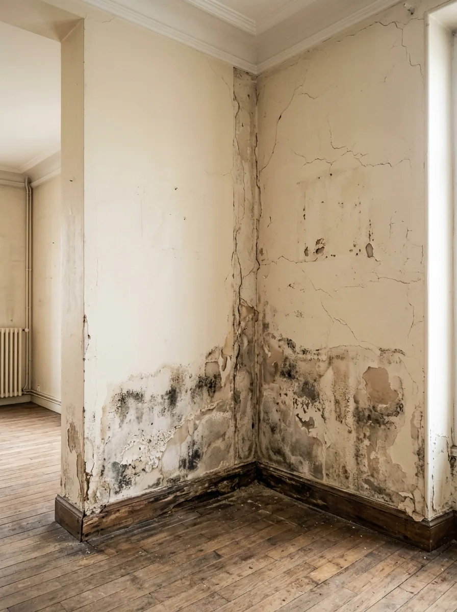 Photo avant travaux d'une pièce d'appartement ancien avec murs abîmés par l'humidité, peinture écaillée et plâtre friable.