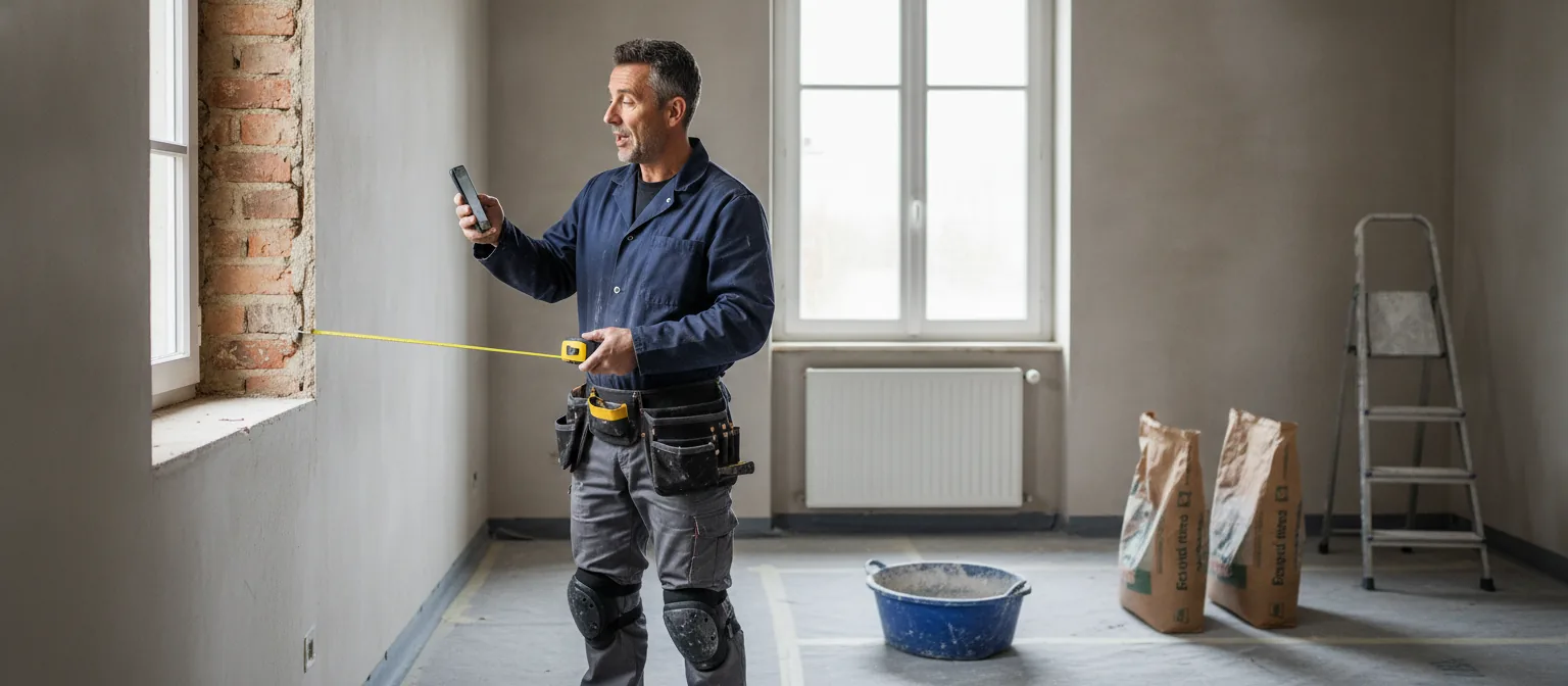 Artisan dictant les mesures d'un chantier dans son téléphone, mètre déroulé à la main, dans une pièce en travaux