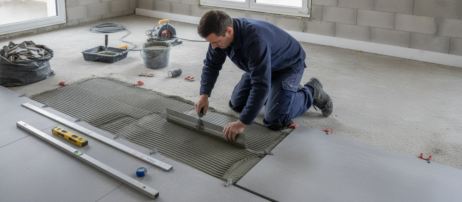 Carreleur à genoux encollant au peigne le dos d'une dalle de grès cérame 120 × 60, la règle de 2 m posée sur la chape à côté de lui