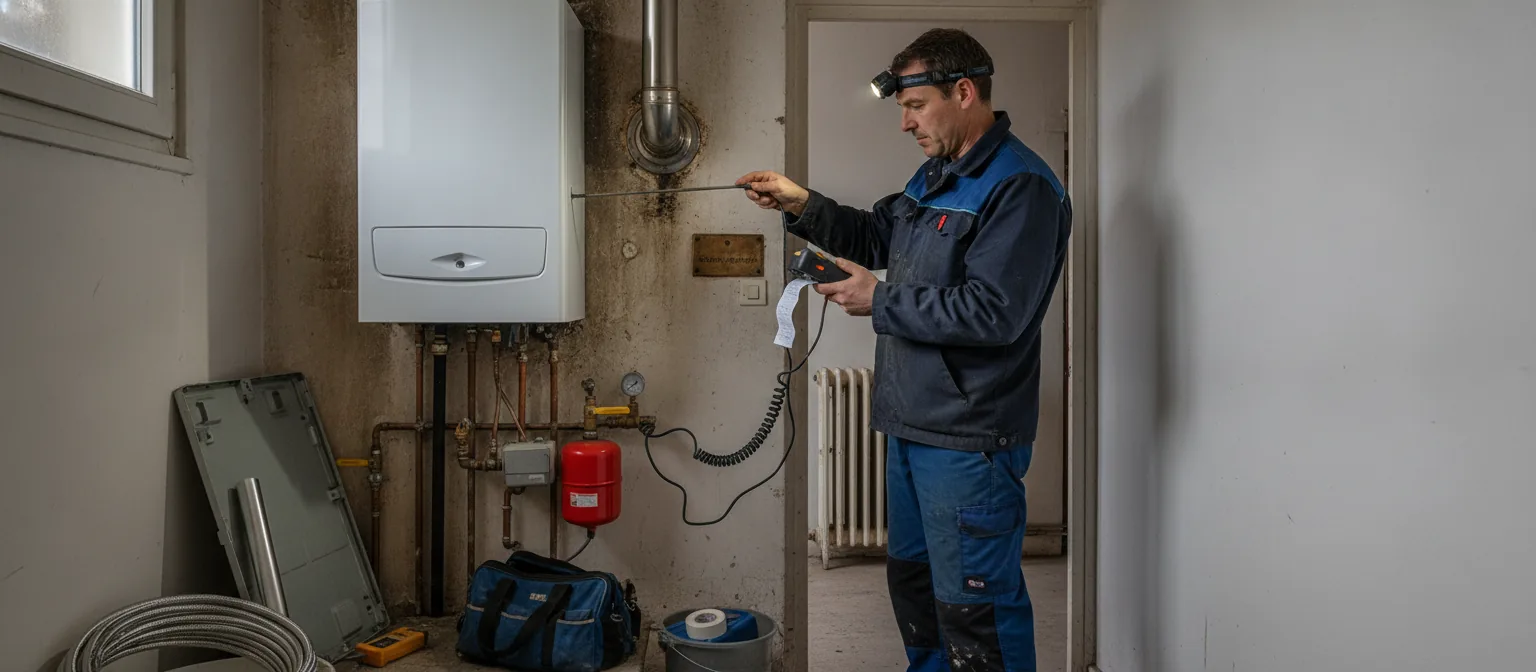 Chauffagiste sondant les fumées à l'analyseur de combustion sur le conduit de raccordement d'une chaudière gaz murale, dans la chaufferie d'une maison occupée