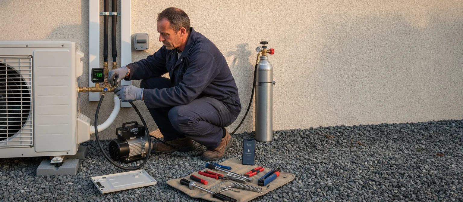 Climaticien accroupi près du groupe extérieur d'une pompe à chaleur, un vacuomètre électronique vissé sur la vanne de service pendant le tirage au vide