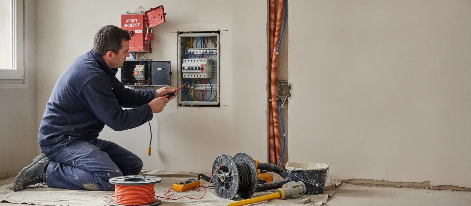 Électricien raccordant un tableau de répartition neuf dans un logement en rénovation, l'ancien tableau à fusibles ouvert sur le mur à côté