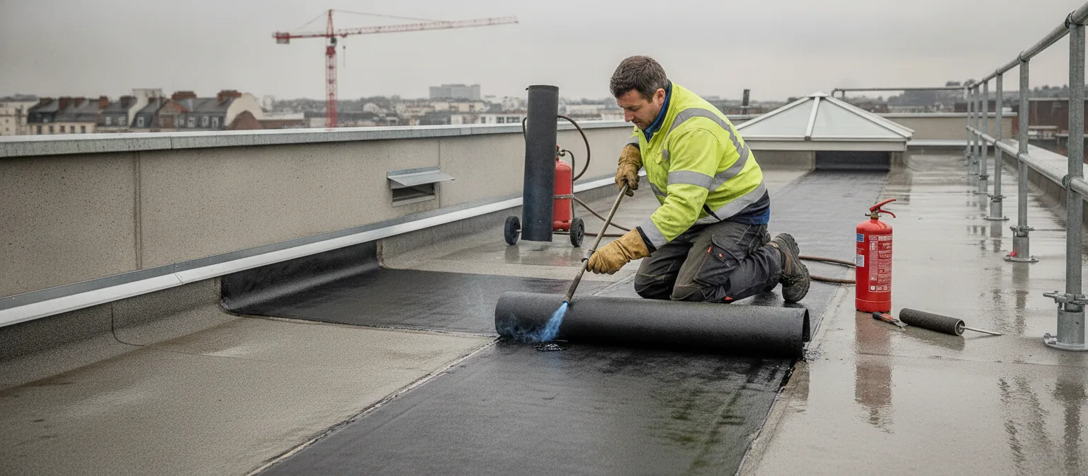 Étancheur agenouillé sur une toiture-terrasse, soudant au chalumeau le recouvrement d'une membrane bitumineuse, extincteur posé à portée de main