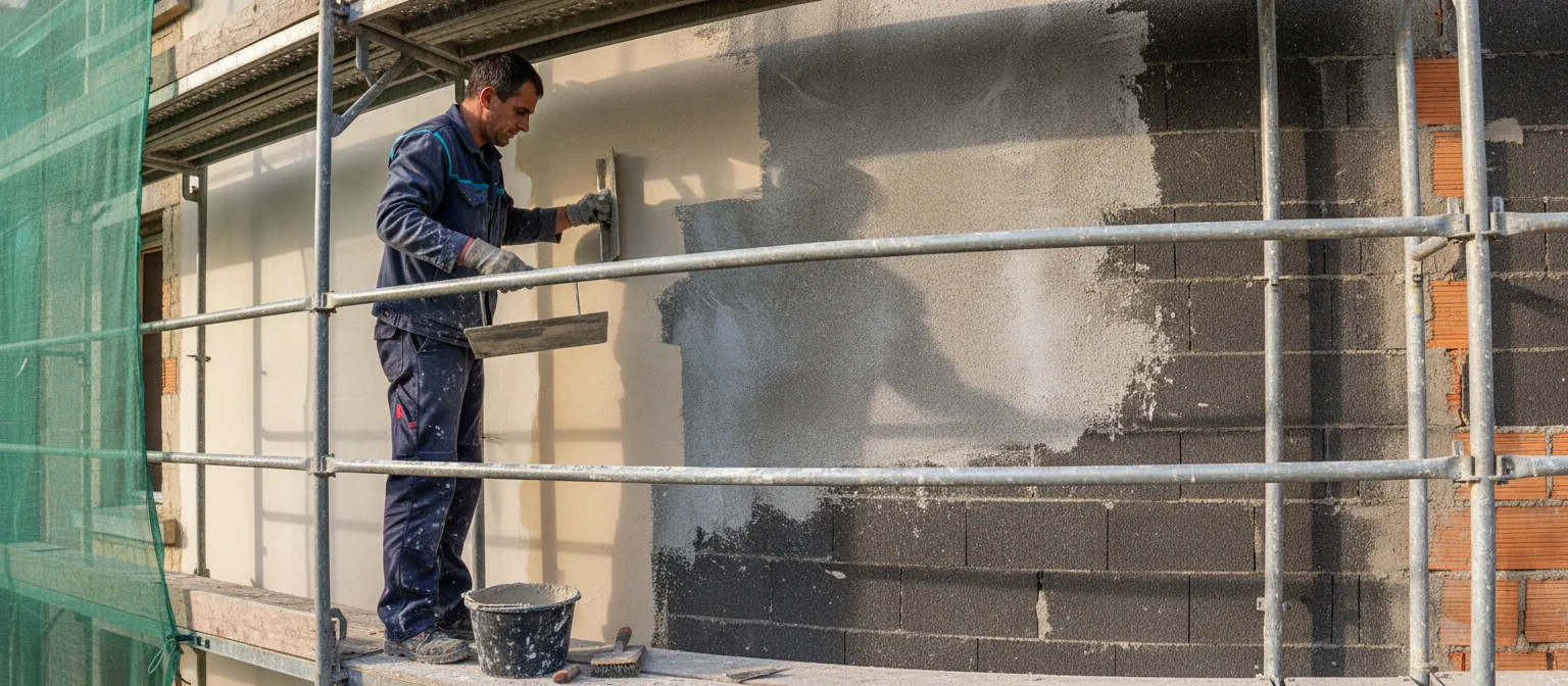 Façadier appliquant un enduit à la taloche sur la façade d'une maison en rénovation, depuis un échafaudage