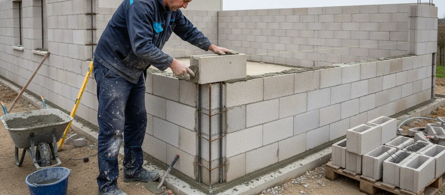 Maçon montant un mur en blocs creux de 20 au cordeau, sur une semelle filante coulée, chantier d'extension