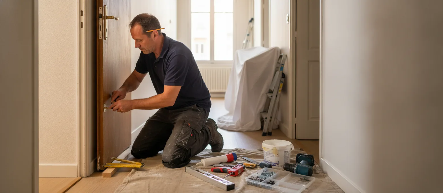 Artisan multiservices agenouillé dans le couloir d'un appartement, vantail de porte déposé appuyé contre son épaule, tournevis sur une paumelle du bâti