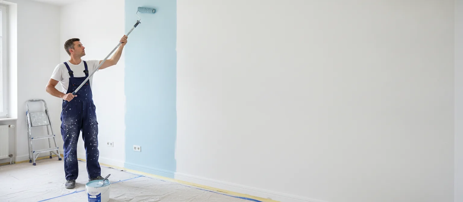 Peintre en bâtiment tirant un rechampi à la brosse entre un mur enduit et le plafond, dans un appartement vide en rénovation